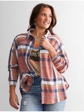 BKE Knit Plaid Boyfriend Shirt Small Oversized Flannel Style Stretch Top